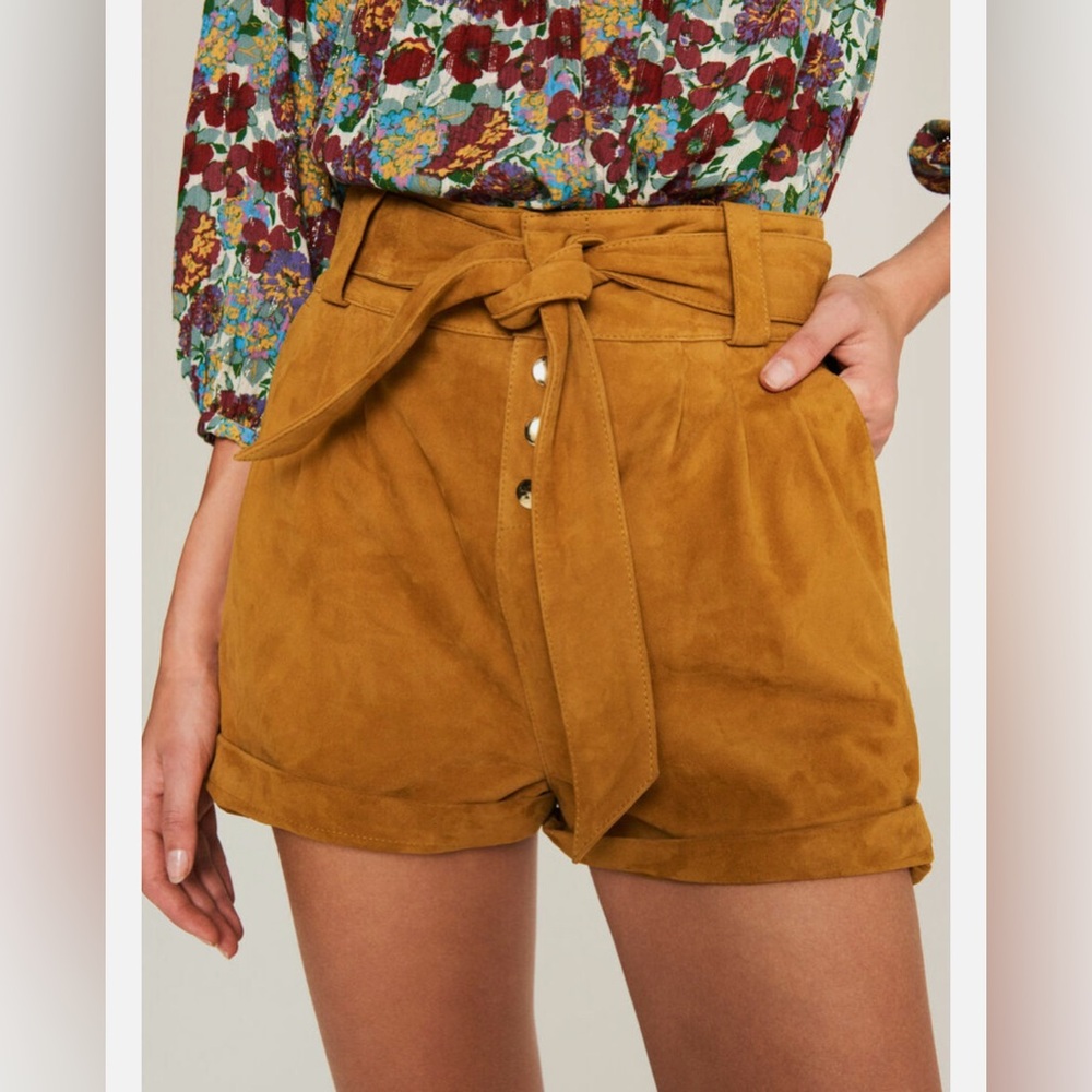 ba&sh Suede Leather High Waisted Shorts Tan Tie Belt Boho Size S
